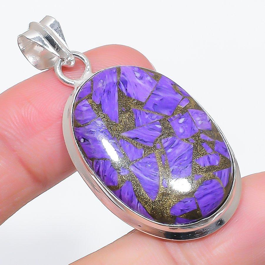 Natural Copper Charoite Gemstone 925 Sterling Silver Jewelry Pendant 1.97" Y4e76