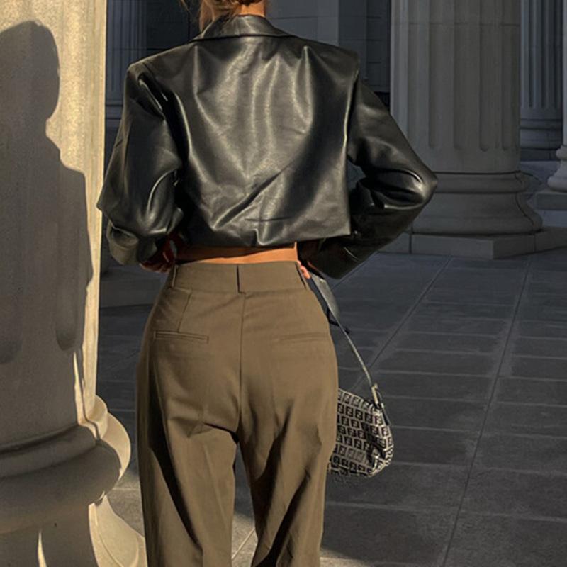Fashion Street PU Leather Cropped Jacket Women Autumn Fashion Long Sleeve Women's Jackets Tops Winter Black Loose Casual Coats Women Clothing 24805