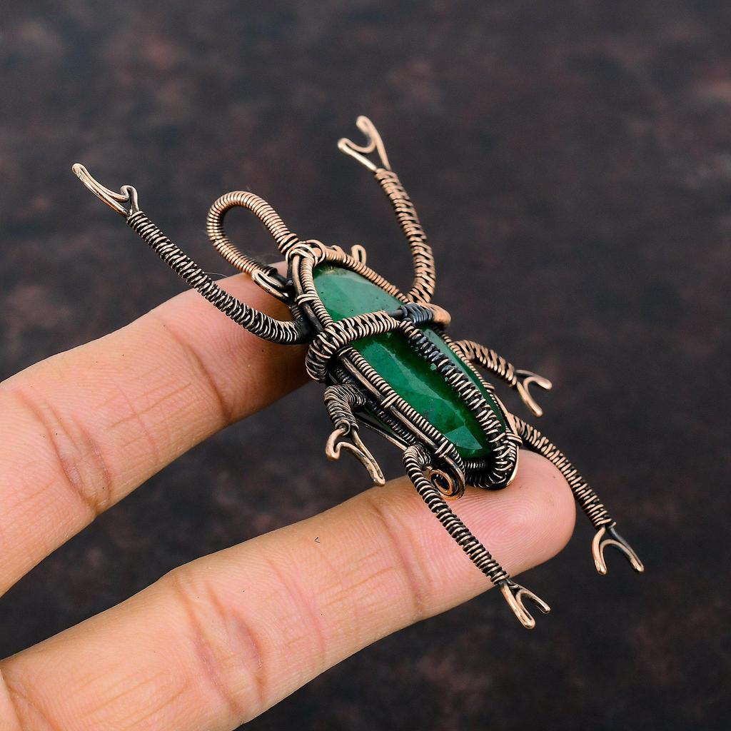 Faceted Zambian Emerald Copper Pendant Wire Wrapped Pendant Handmade Copper Jewelry Beetle Pendant Gift For Her Wire Wrap Gemstone Jewelry