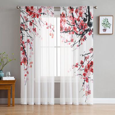 Flowers Pink Ink Painting Sheer Curtains Modern Gauze Curtain for Living Room Bedroom Voile Yarn Curtains
