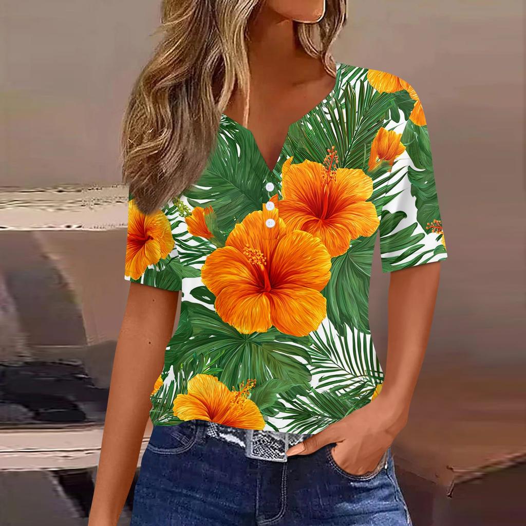 Women’s Short Sleeve Button Down V Neck Casual Top with Tropical Floral Print Loose Fit Lightweight Shirt
