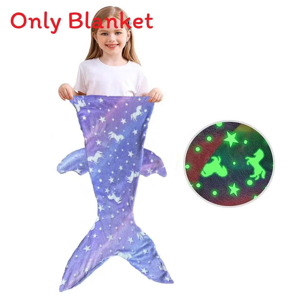 Glow In The Dark Modern Fleece Blanket For Kids With Cartoon Mermaid Stars And Sleepytime Warmth