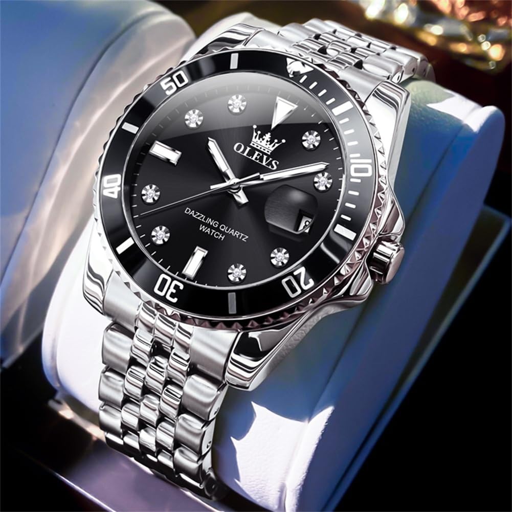 Popular Olevs Silver Waterproof Analog Quartz Watch with Black Stylish Stainless Steel Watch with Date Simple Large Perfect Gift for College Students
