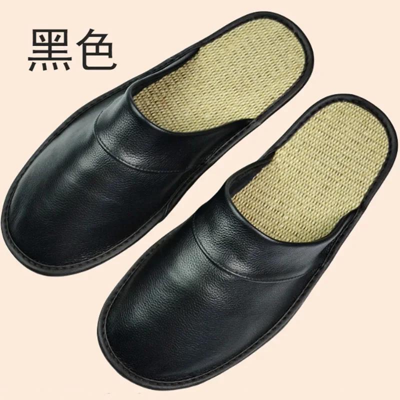 Genuine Cow Leather Linen Slippers Homes In Indoor Slipper Spring Autumn Men Women Elderly Non-slip Casual Single Slides Shoes