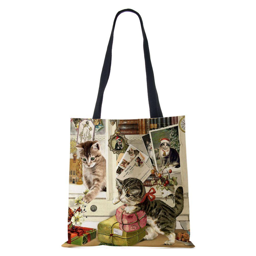 Bag Cartoon Shoulder Canvas Women Cat Harajuku 2022 Eco Reused Large Capacity Casual Handbag Shopping Travel Tote Books Bag