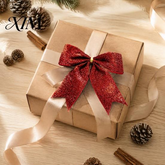 Large Fabric Bows for Home Decor Glitter Christmas Bow, Gold Sparkling Ribbon Hanging Ornament Decorative Wedding Scenery Tree Wreath Gift