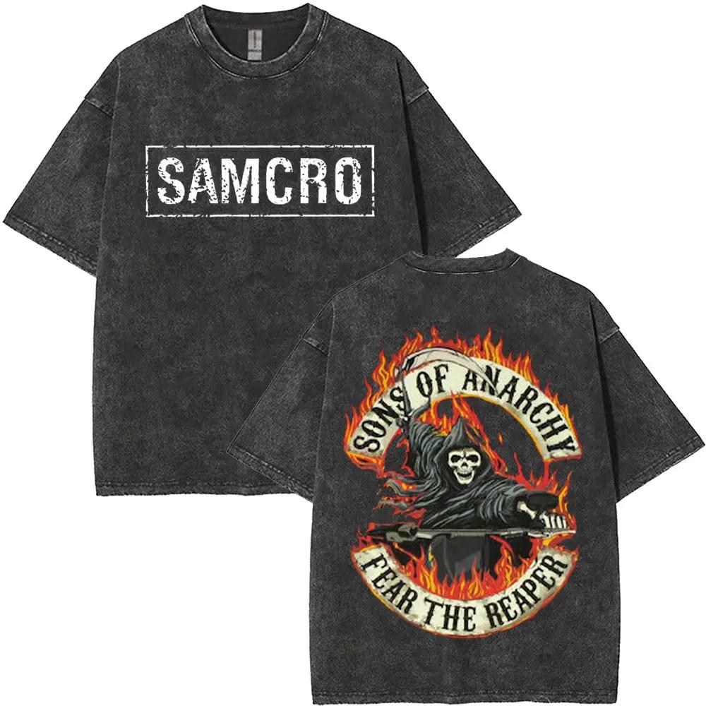 Hot Limited Anarchy Son Samcro Graphic Print Vintage Washed T-shirt Men Women Streetwear Skeleton Hip Hop Rock Casual Short Sleeve Loose Oversized Top