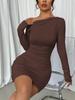 Oversized Ins Pure Color Slim Fit Dress Autumn New Style Slanted Shoulder Long Sleeve One-Piece Dress Women's Clothing