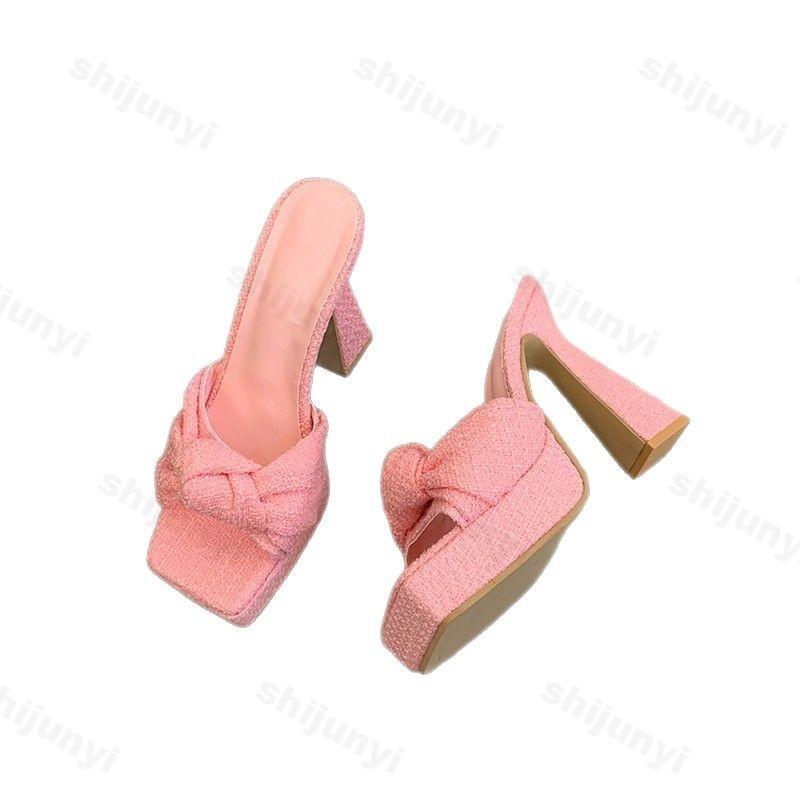 Fashion Waterproof Design High Heel Slippers 2025 Summer New Women's Square Toed Open Toes Bows Fashion Elegant Outdoor Party Sandals