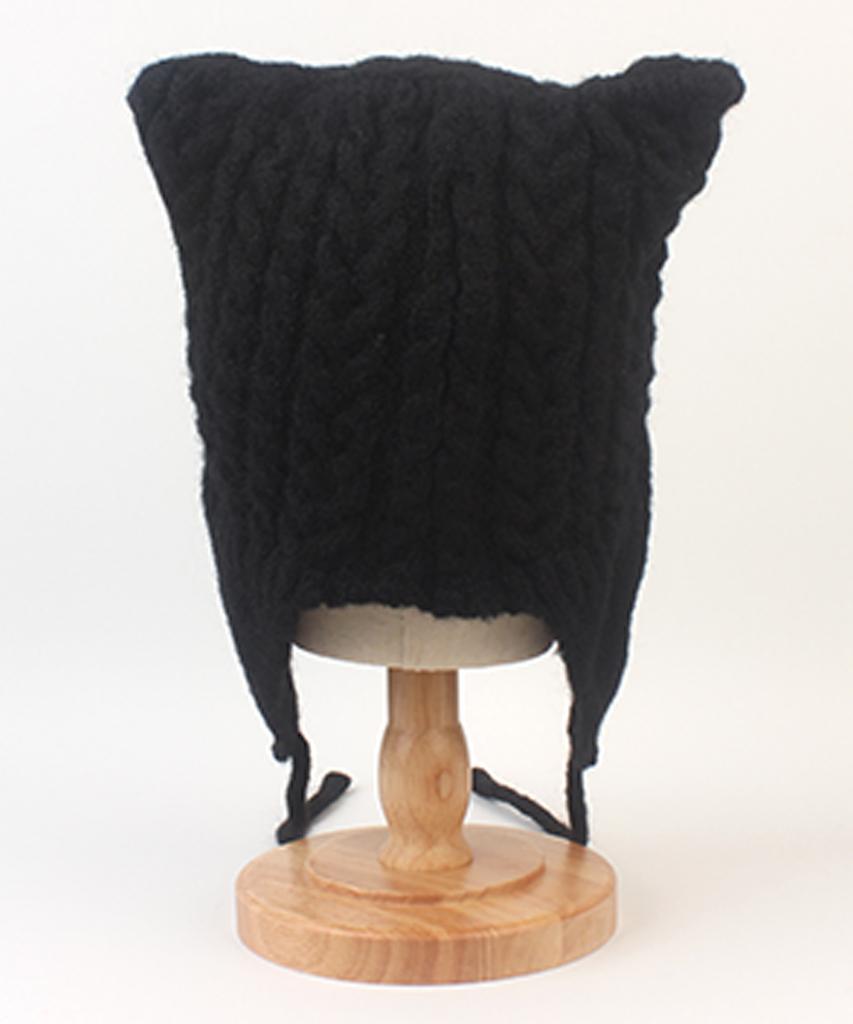 Yunibeosyeolkemiseuteuli Wool Twist Cat Black Earflap Hat