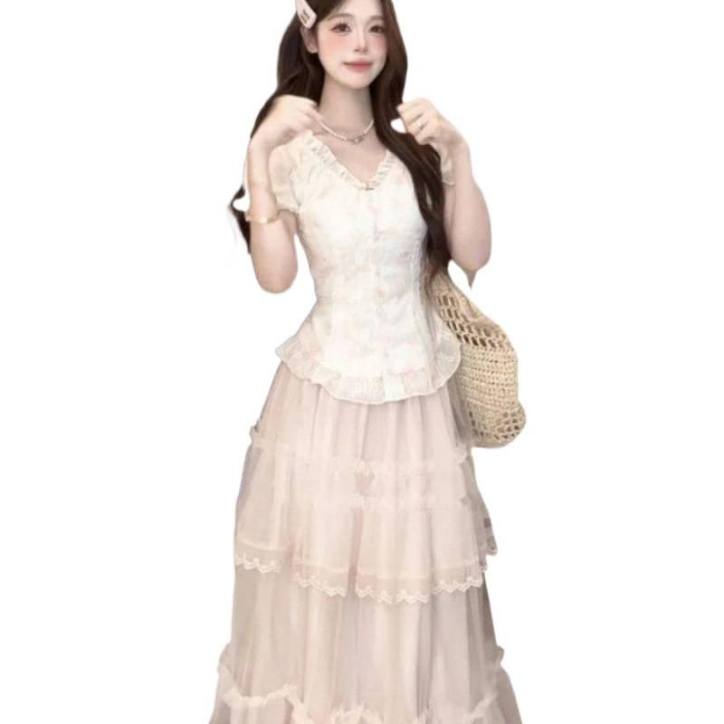French Sweet and Gentle Lace Top Dress Women's Summer Beautiful Mesh Cake Long Skirt Wear a Whole Suit