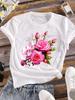 (Asian Size) Sweet Cute Floral Short Sleeve T Shirt Women Tee Top Clothing Casual Flower Fashion Print Lady Female Graphic T-shirt