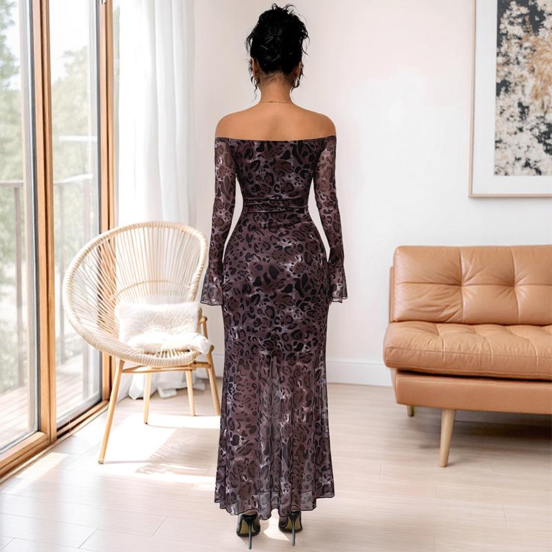 New Party Elegant Retro Style One-length Neck Off-shoulder Long Sleeve Mesh Leopard Print Dress for Women High-end