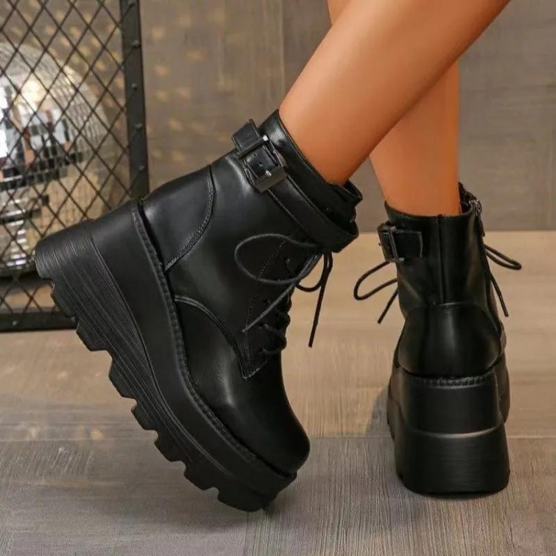 2024 New Spring Autumn Fashion Platform Wedge Boots Ankle Women Punk Style Round Toe Cross Tied Women's Boots Botines De Muj