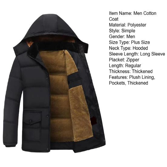 Men Down Jacket Hooded Long Sleeve Zipper Closure Jacket with Pockets Solid Color Plush Lining Windproof Thickened Down Coat