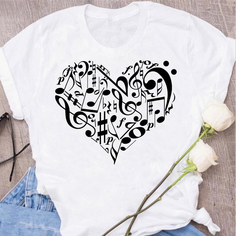 Neues Harajuku Lustiges Musiknoten-Kunst-T-Shirt mit 3D-Print, Damen-T-Shirt, Musik-Tops, kurze Ärmel, schwarzes T-Shirt