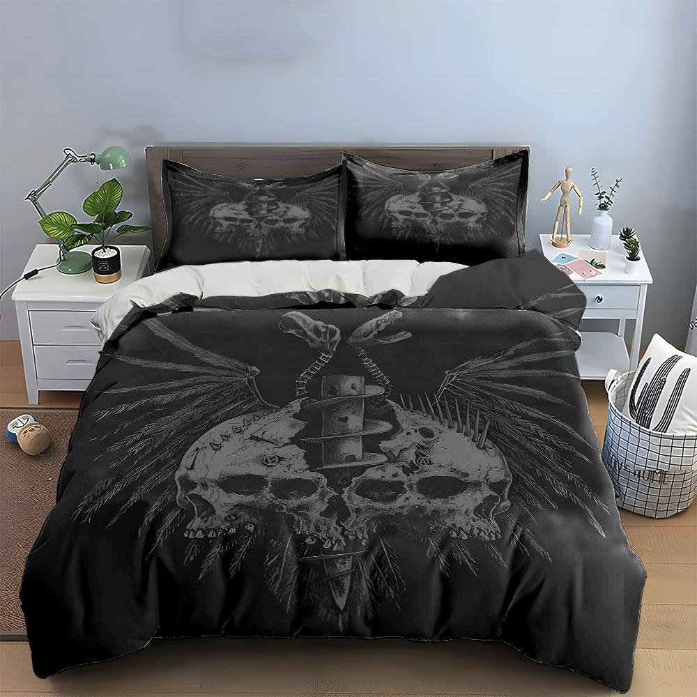 "Skull-Themed Gothic Art Set" kid's and adults' bedroom decor, Exquisite three-piece bedding set gift