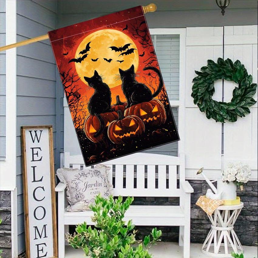 Spooky Halloween Garden Flag - Double-Sided, Durable Polyester, Outdoor Yard Decor with Full Moon, Bat, Black Cat & Pumpkin Design