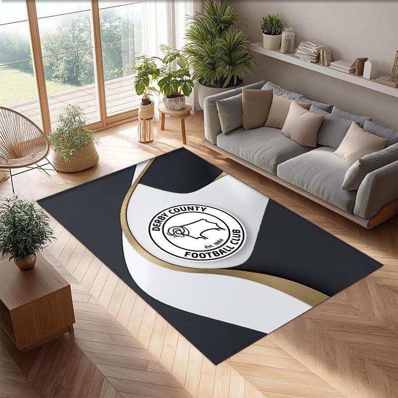 Derby County Football Print Crystal Velvet Rug, Comfortable Water Absorbent Non Slip Indoor Floor Carpet
