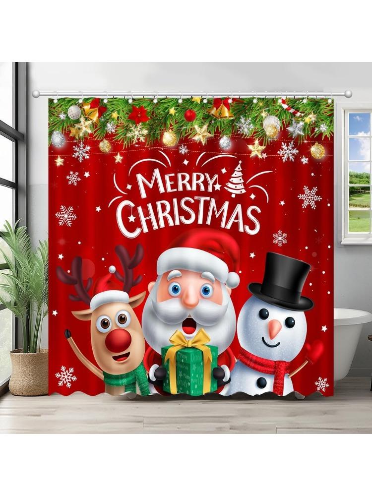 Merry Christmas Shower Curtain Santa Claus Snowman Reindeer Home Bathroom Decorations Xmas Gift Box Bathtub Curtain Set With