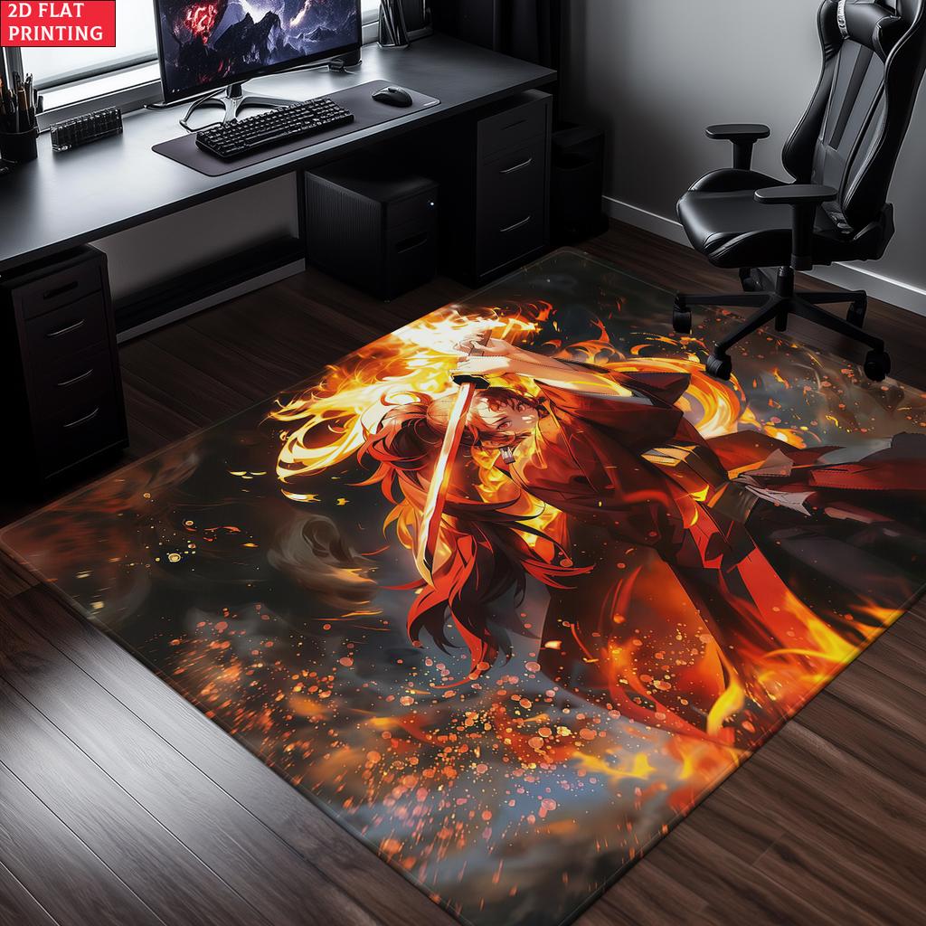 Anime Swordsman Area Rug,Fire Flame Theme Non-slip Floor Mat,Decorative Carpet for Gaming Room Bedroom, Washable Home Decor Gift
