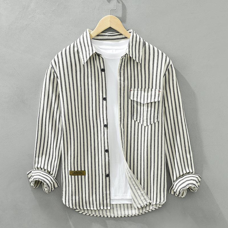 Japanese Retro Style Long Sleeve Striped Shirt Men Youth 100cotton Casual Loose Shirts with Pocket Spring/Autumn Men Clothing