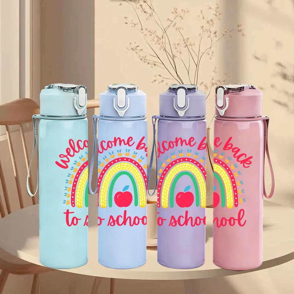 1PC Welcome Back To School Rainbow 750ml Color Plastic Sports Water Bottle Leakproof Flip Straw Lid Suitable for Sports Office Home Use