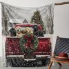 [Seasonal Delight] Cozy Vintage Plaid Bow & Puppy Christmas Truck Fleece Blanket - Soft, Warm Polyester Throw with Snowy Landsca