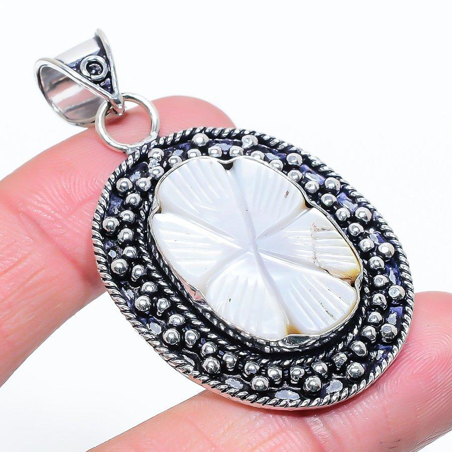 Natural Mother Of Pearl Gemstone 925 Sterling Silver Gift Pendant 2.25" j0Z34