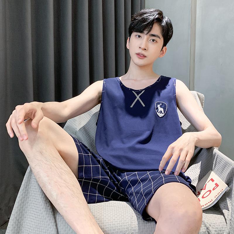 Men's Summer Thin Section Homewear Suit Teen Round Neck Sleeveless Top + Shorts Two-piece Set