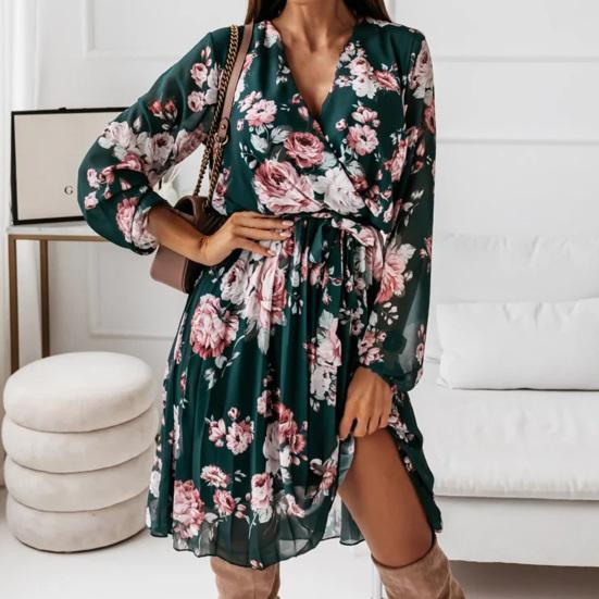 Pleated Flowy Hem Midi Dress Floral Print Sweet Elastic Waist V-Neck Casual Dress Streetwear