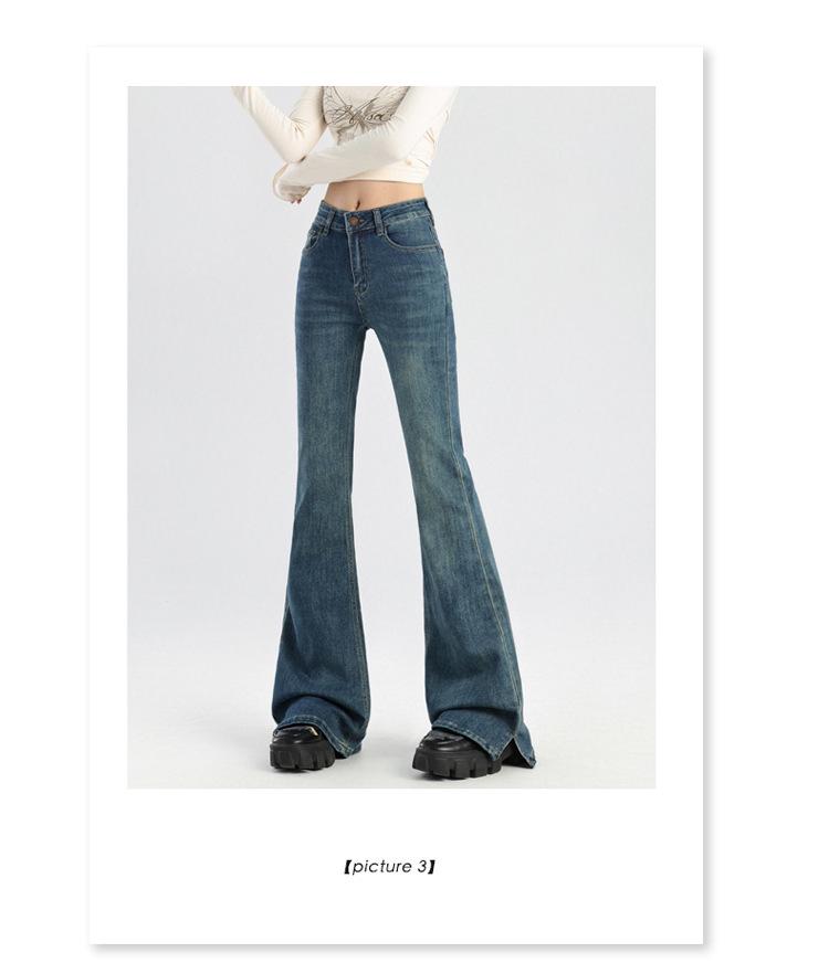 Retro Mörkblå Damjeans med Hög Midja och Microflare - Smickrande Höstdesign i Golvlängd