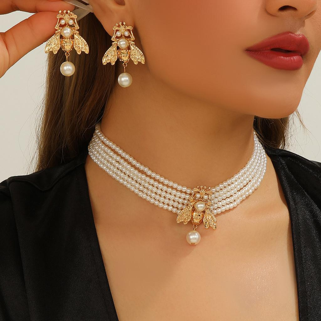 Pearl Animal Jewelry Set With Gold Small Bee Pendant And Earrings For Women