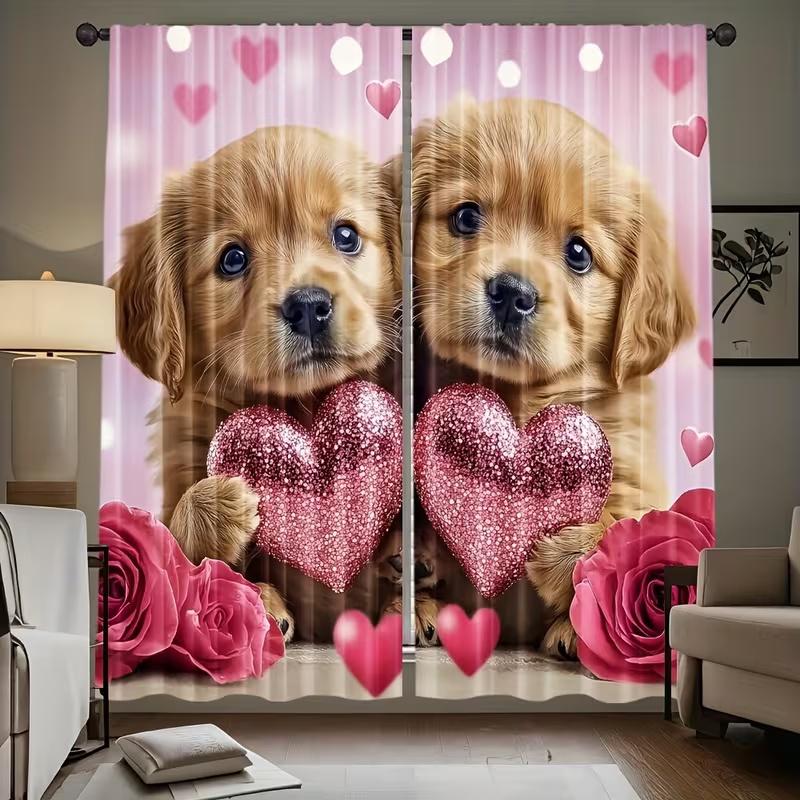 Set aus 2 süßen, fürsorglichen Hunde-Print-Vorhängen Geeignet Schlafzimmer Wohnzimmer Küche Dekoration Heimfenster Hergestellt Polyester Flächenbehandlung