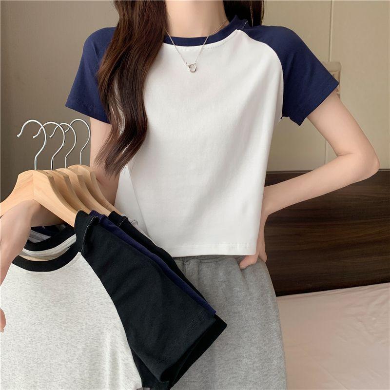 Cotton-included Retro Contrasting Slim Fit Short Summer New Short-sleeved T-shirt for Women's Trendy Round Neck Top