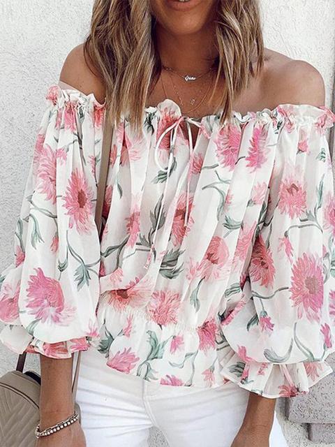 Summer Elegant Floral Print Loose Chiffon Top Women's Fashion Sexy Slash Neck Lace-up Off Shoulder Party Blouses Tops
