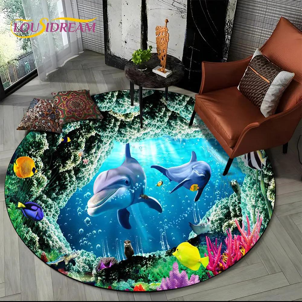 3D Zeebodem Illusie Onderwater Wereld Dolfijn Rond Vloerkleed, Tapijt voor Woonkamer Slaapkamer Bank Speelkamer Decoratie, Antislip Vloermat
