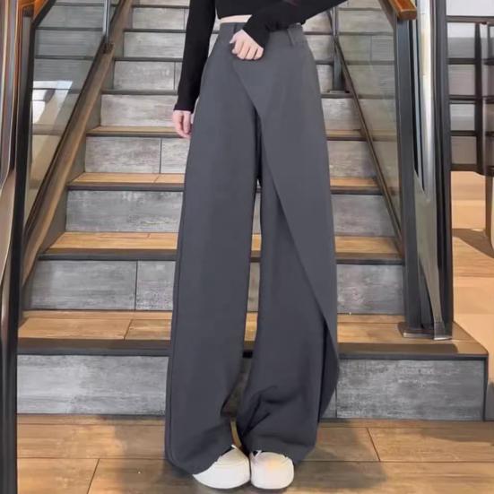 High Waist Women Pants, Loose Fit Straight Wide Leg Suit Pants, Irregular Splicing Design Pure Color Casual Trousers