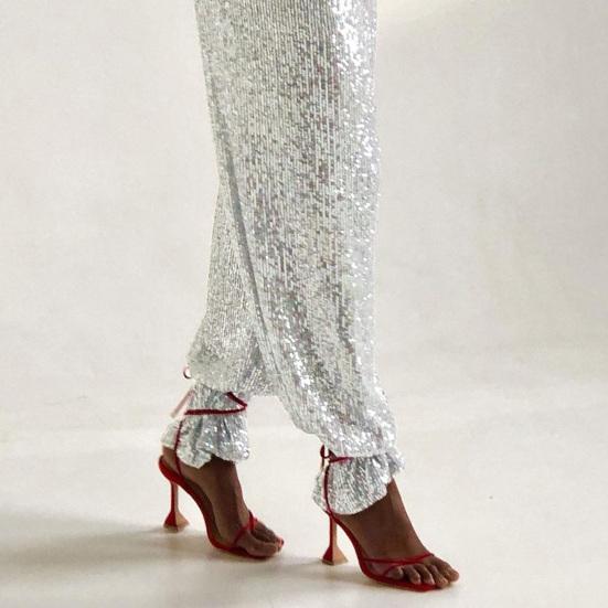 Women Pants Mid-rise Solid Color Sparkling Sequins Casual Trousers Wide Leg Stage Dance Pants Night Club Party Wear