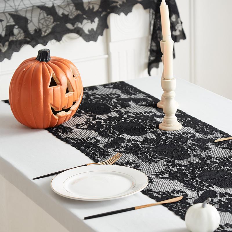 Halloween Black Lace Table Runner Halloween Table Decoration Skull Soft Table Runner Holiday Party Decoration Table Flag