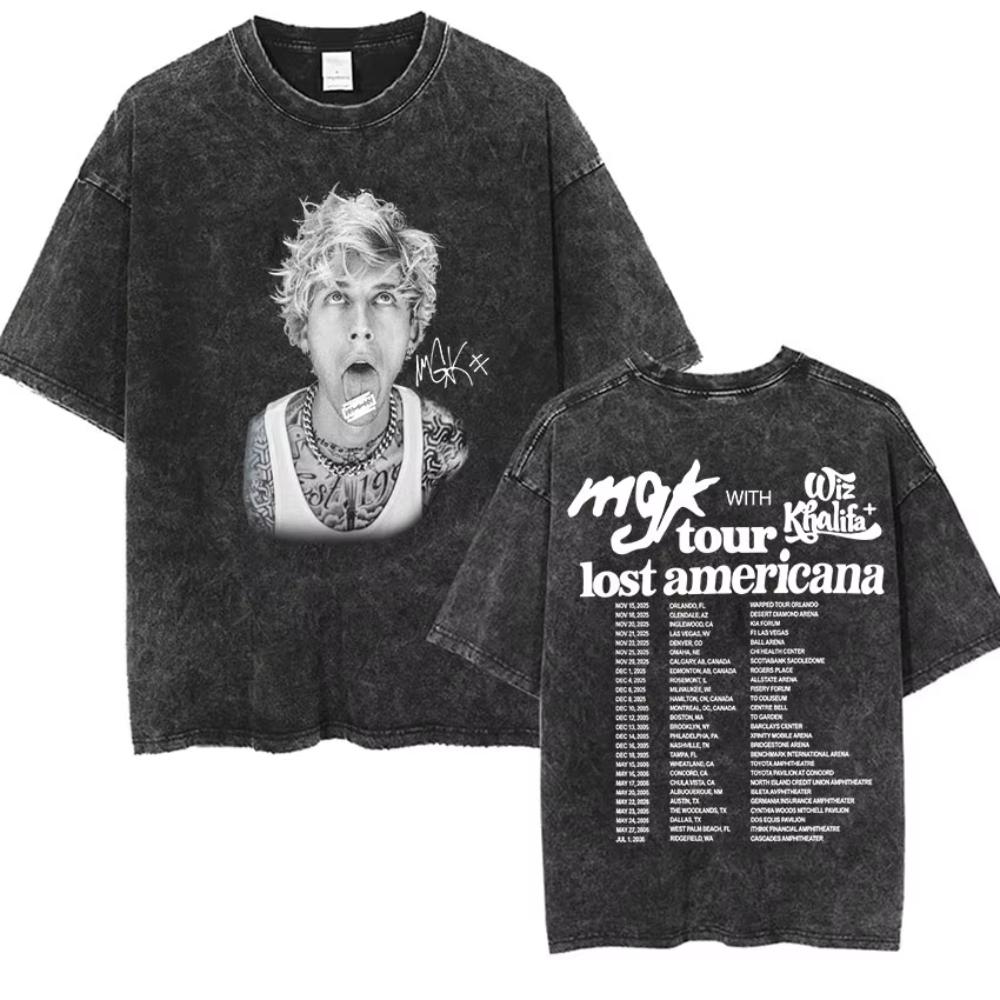 Vintage Machine Gun Kelly MGK Lost Americana Tour  Washed TShirts Mans Women Hip Hop Short Sleeve Tshirts Streetwear