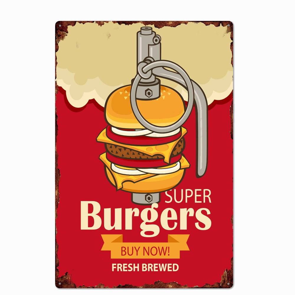 Shabby Chic Vintage Metal Tin Signs BBQ Fast Food  Hamburger Cupcake Pop Corn Hot Dog Wall Decor for Kitchen Cafe Diner Bar