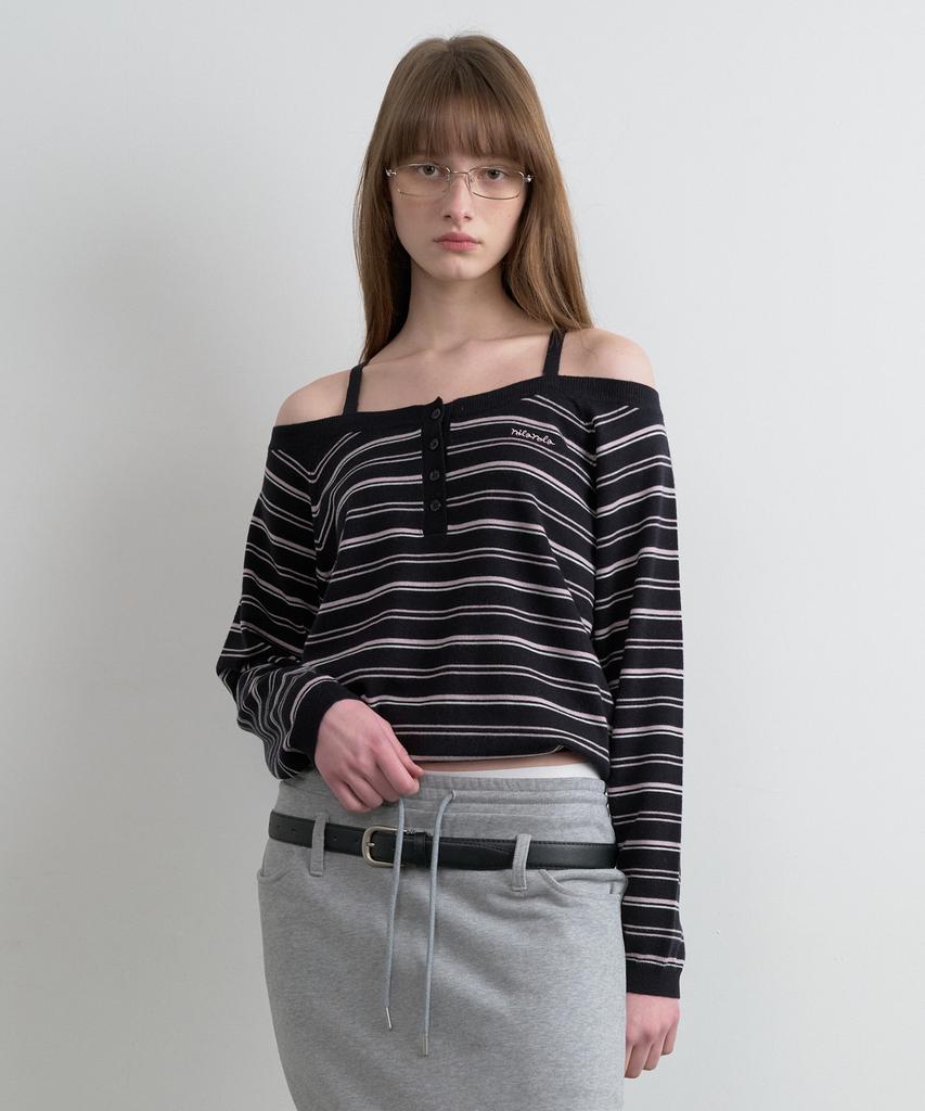 ROLAROLA Stripe Off Shoulder Strap Knit Black