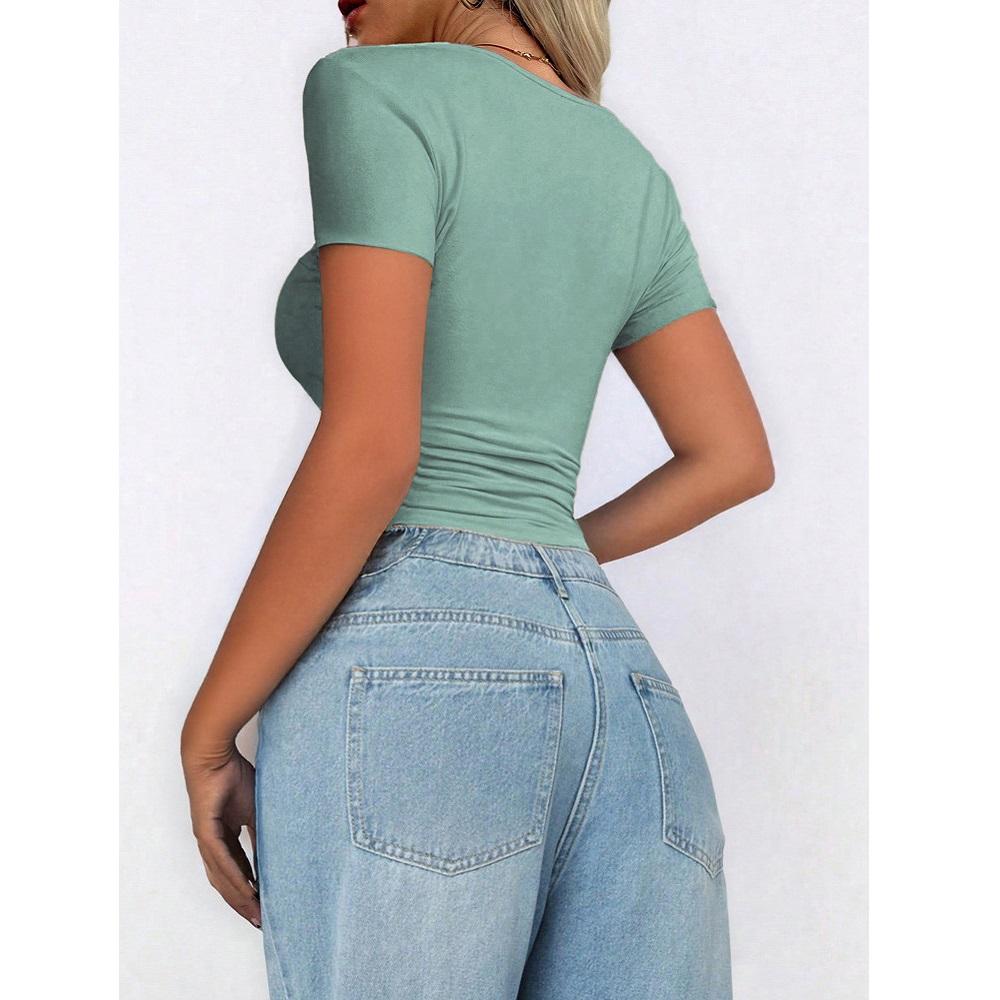 Women Summer Short Tee Top O-neck Short Sleeve Slim T-shirts Casual Crop Tops