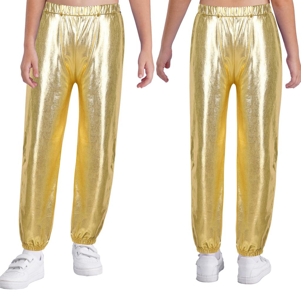 Girls Metallic Shiny High Rise Elastic Waist Dance Pants Side Pockets Hip Hop Streetwear Sweatpants for Stage