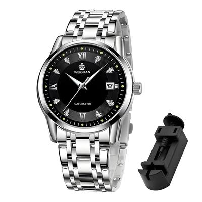 TeamSky Herren Automatikuhr, Wasserdicht, Edelstahl, Leuchtend, Großes Zifferblatt, Datumsanzeige, Vatertagsgeschenk (Schwarzes Zifferblatt, Silbernes Armband)