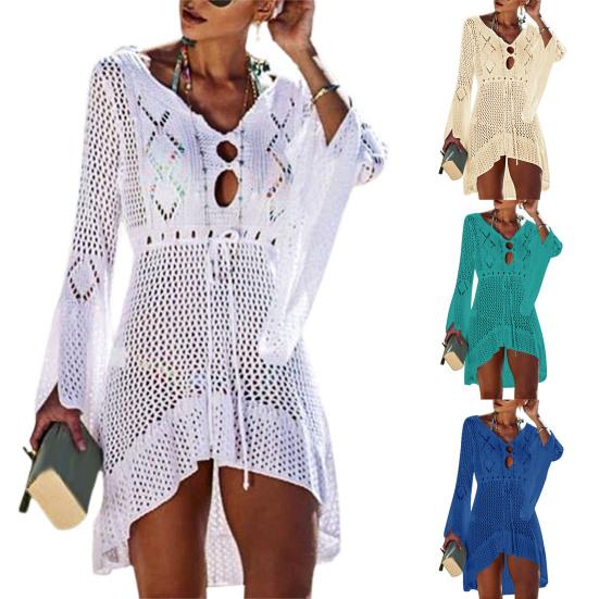 Sexy Beach Cover Up Long Sleeve Sun Protection Dress Flared Sleeves Solid Color Beach Dress for Swimming Pool