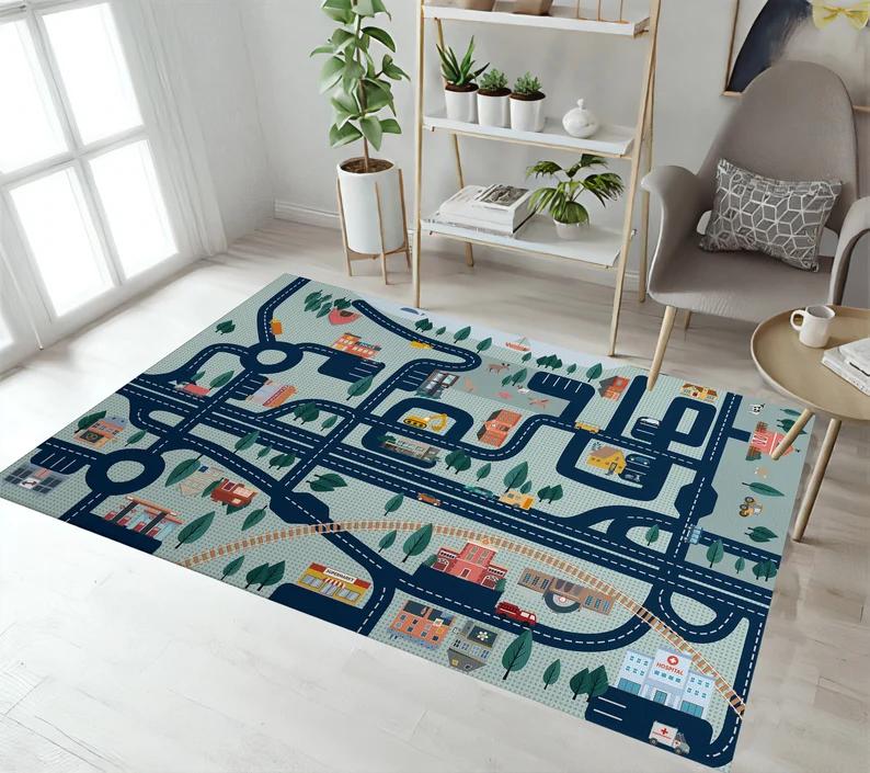 Kids Car Road Track Play Rug Soft Velvet Kids Home Decor Non Slip Washable Home Decoration Retro Carpet