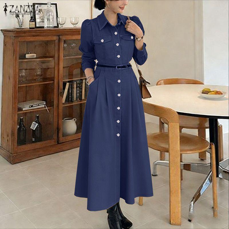 ZANZEA Lässiges Damen-Kleid mit Umlegekragen und langen Ärmeln