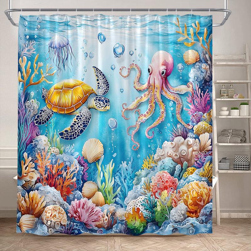 Ocean Animals Sea Turtle Shower Curtains Tropical Fish Coral Underwater Nature Scenery Child Bath Curtain Home Bathroom Decor